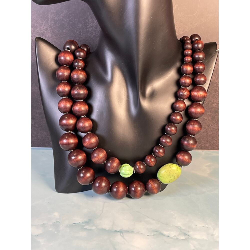Chunky Wood Boho Bead Necklace Brown and Green Statement 24"